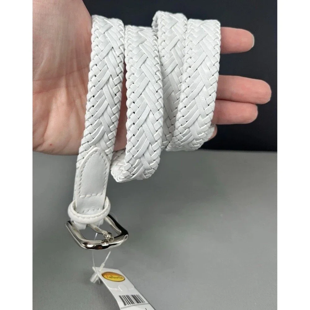 Talbots Genuine Leather Skinny Woven Belt Women Large White Boho Euro Preppy NWT